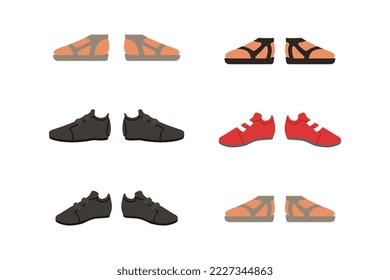 Juego de calzado. Estiloso calzado masculino y femenino, sandalias y zapatillas de deporte ilustración vectorial