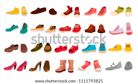 Footwear Set Vector. Fashionable Shoes. Boots. For Man And Woman. Web Icon. Flat Cartoon Isolated Illustration
