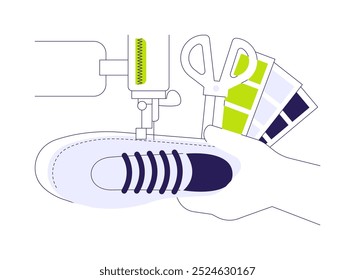 Schuhe nähen abstrakte Konzept Vektorgrafik. Schuhmacher Nähschuh in der Fabrik, Leichtindustrie, Schuhproduktion und -herstellung, Turnschuhe Reparatur Prozess abstrakte Metapher.