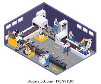 Footwear shoes production isometric composition with plant facilities moving line with human operators and ready shoes vector illustration