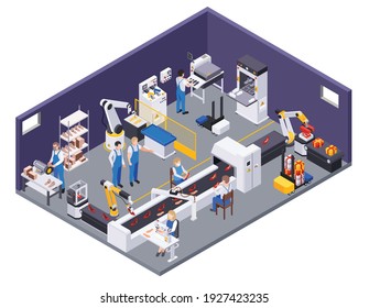 Produktion von Schuhschuhen isometrische Zusammensetzung mit Blick auf Produktionsabteilung mit Förderanlagen-Manipulator und Arbeiter Vektorgrafik