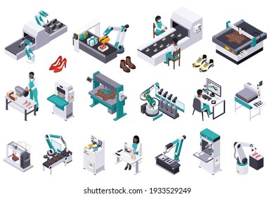 Footwear shoes production isometric composition with isolated icons of plant facilities with workers and ready products vector illustration