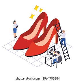 Footwear shoes production isometric composition with small human characters of shoe designers with red heeled shoes vector illustration