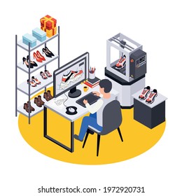 Footwear shoes production isometric composition with view of designers workplace with computer and shoes on shelves vector illustration