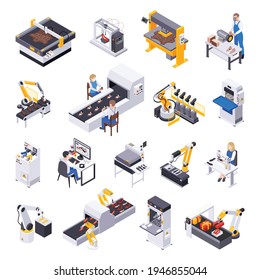 Footwear shoes production isometric set of isolated icons images of production facilities lines conveyors and workers vector illustration