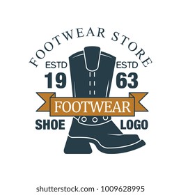 Footwear store, shoe logo, estd 1963, vintage badge for company identity, brand, shoemaker or shoes repair vector Illustration