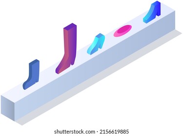 Footwear store shopping composition with colorful shoes on showcase. Stand for home or boutique interior. Choosing accessory and footgear for outfit. Shelf with heeled shoes vector illustration