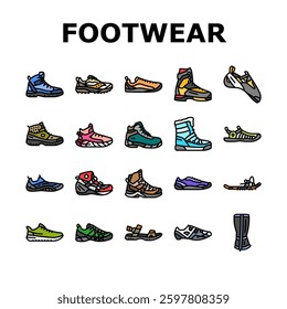 footwear tourism shoes sandals icons set vector. boots, sneakers hiking, trekking, walking, comfort style, fashion, adventure, travel footwear tourism shoes sandals color line illustrations
