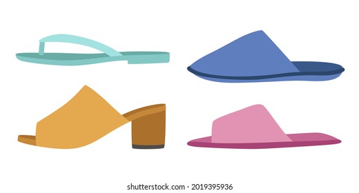 Footwear. Types of shoes for men and women or house. Fashionable casual style. Side view on summer flip-flop footgear without heels. Home slippers. Vector beach outfit elements set