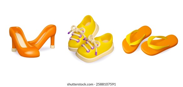 Footwear vector 3d icon set. High heels, sneakers and flip-flops isolated on white background. Cute cartoon design elements collection