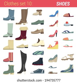 Footwear vector icon set. Boots, shoes, sandals, slippers, flip flops, sneakers etc.  Clothes collection.