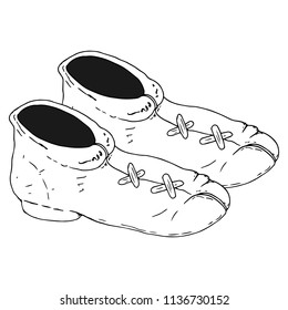 Footwear. Vector illustration of old shoes, boots. Hand drawn men's boots.