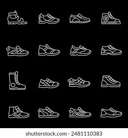 Footwear, white line icons. Sandals, boots, shoes, and sneakers. fashion and retail themes. Symbols on black background. Editable stroke.