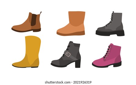 Footwear. Winter types of shoes for men and women. Fashionable casual style. Warm boots collection. Modern clothing. Side view on comfortable leather footgear. Vector accessories set