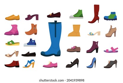 Schuhe für Frauen mit flachen Vektorgrafiken. Kollektion von stylischen weiblichen Schuhen für verschiedene Jahreszeiten, Sandalen, Stiefel, Turnschuhe, High Heels einzeln auf weißem Hintergrund. Mode- und Bekleidungskonzept