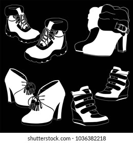 Footwear for women on black background - black and white collection. Objects, fashion, isolated, contour