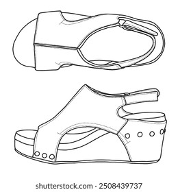 Footwear Women's Cushioned Wedge with Hook and Loop Closure Line art,Technical sketch hand drawing outline vector doodle illustration side and top view isolated on white background