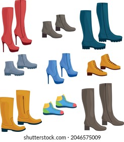 Footwear.A large set consisting of various shoes, such as sneakers, classic shoes, high boots, stiletto boots and also High-heeled boots. Vector illustration