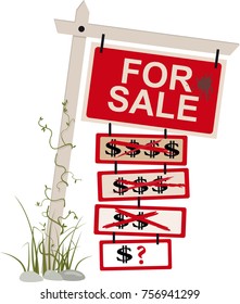 "For sale" sign with multiple tags showing a reduced price, EPS 8 vector illustration, isolated