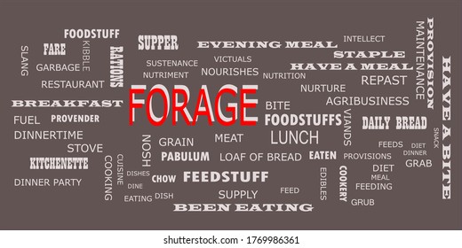 Forage text presented in red color with multiple related words on grey background vector abstract background.