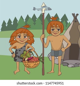 foraging at prehistory, funny vector cartoon stone age diet with fish and vegetables