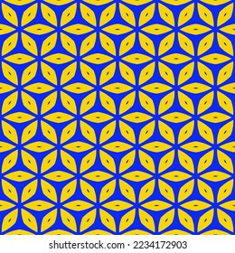 Formelles abstraktes, nahtloses Muster, geometrisches Muster, mit mehrfarbigem floralem Stil, mit gelb-blauer Kontrastfarbe, für Tapeten, Stofftextur, Hintergrund, Färbung