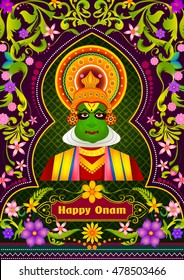Foral background with Kathakali dancer for Happy Onam showing Incredible India in vector