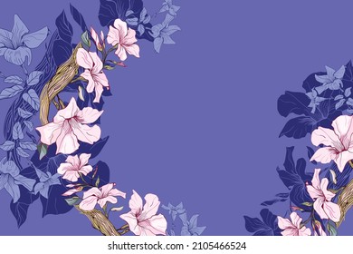 Foral greeting card made of liana branches with a place for text, for printing on textiles, bed linen, packaging, beautiful wallpaper in PANTONE Very Peri color