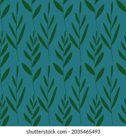 Foral Seamless Pattern. Simple Rustic Wallpaper With Green Leaves On A Blue Background.