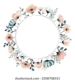 Foral template with wild meadow flowers in pastel colors. Watercolor botanical frame for invitations and cards. 