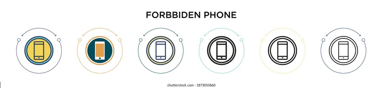 Icono de teléfono prohibido en el estilo relleno, delgado, contorno y trazo. Ilustración vectorial de dos iconos vectoriales de teléfonos con color y negro se pueden utilizar para móviles, ui, web