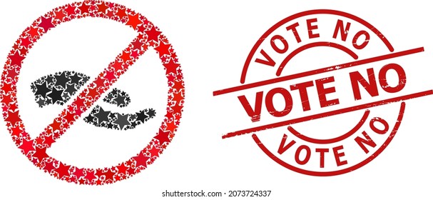 Forbid asking hand star pattern and grunge Vote No seal. Red seal with grunge texture and Vote No tag inside circle. Abstract forbid asking hand concept is created with scattered flat star items.