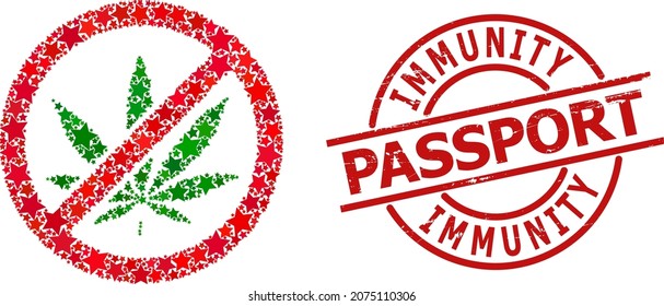 Verbieten Sie Cannabis-Sternmosaik und Grunge Immunität Passport-Siegel Stempel. Rotes Wasserzeichen mit Grunge-Stil und Unversehrtheit Passport Phrase im Kreis.