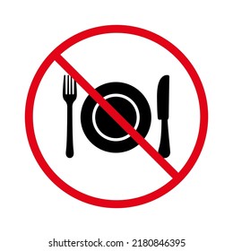 Forbid Dining Knife Plate Fork Silverware Pictogram. Ban Restaurant Cutlery Dinner Black Silhouette Icon. No Allow Dishware Sign. Prohibit Fork Knife Plate Stop Symbol. Isolated Vector Illustration.
