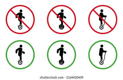 Forbid Electric Unicycle Hoverboard Gyroscooter Pictogram Set. Ban Danger Transport Icon. Warning Hover Board Symbol. No Allowed Gyro Scooter Sign. Prohibit Monowheel. Isolated Vector Illustration.