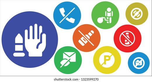 forbid icon set. 9 filled forbid icons.  Simple modern icons about  - No weapons, No calls, Restriction, Hidden, No parking, alcohol, phone, photo