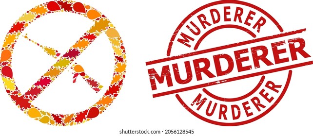 Verbieten Sie Kalaschnikov Weapon Collage Ikone für die Herbstsaison konstruiert und MURDERER strukturierte Briefmarken. Vector verbieten kalaschnikov Waffe Mosaik ist mit zufälligen Fall Ahorn und Eichenblätter geformt.