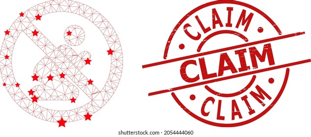 Forbid praying man star mesh and grunge Claim seal. Red seal with corroded style and Claim caption inside round shape. Claim watermark uses round form, red color.