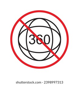 Icono vectorial prohibido de 360 grados. Advertencia, precaución, atención, restricción, etiqueta, prohibición, peligro. No hay símbolo de pictograma de diseño de signo plano de 360 grados. Icono de rotación no 360