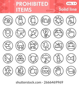Forbidden acts solid line icon set, prohibited items symbols collection or sketches. Banned behavior linear style signs for web and app. Vector graphics isolated on white background
