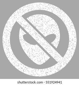 Forbidden Alien grainy textured icon for overlay watermark stamps. Flat symbol with scratched texture. Dotted vector white ink rubber seal stamp with grunge design on a silver background.