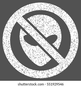 Forbidden Alien grainy textured icon for overlay watermark stamps. Flat symbol with unclean texture. Dotted vector white ink rubber seal stamp with grunge design on a gray background.