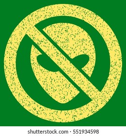 Forbidden Alien grainy textured icon for overlay watermark stamps. Flat symbol with unclean texture. Dotted vector yellow ink rubber seal stamp with grunge design on a green background.