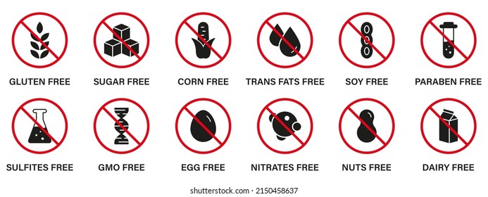 Forbidden Allergy Product Ingredient Silhouette Black Icon Set. Soy, Trans Fat, Nut, Egg, Corn, Dairy, Sugar, Paraben, Sulfites, GMO, Milk Stop Sign. Vegan Food Symbol. Isolated Vector Illustration.