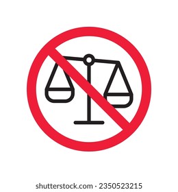Forbidden balance vector icon. Warning, caution, attention, restriction, label, ban, danger. No balance flat sign design pictogram symbol. No judge law icon