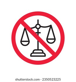 Icono vectorial de balance prohibido. Advertencia, precaución, atención, restricción, etiqueta, prohibición, peligro. No hay ningún símbolo de pictograma de diseño de signo plano de equilibrio. Icono de la ley del juez