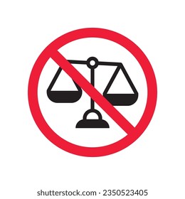 Verbotenes Gleichgewicht, Vektorsymbol. Warnung, Vorsicht, Aufmerksamkeit, Einschränkung, Kennzeichnung, Verbot, Gefahr. Kein Piktogramm-Design-Symbol für die Waage. Kein Richter-Gesetz-Symbol