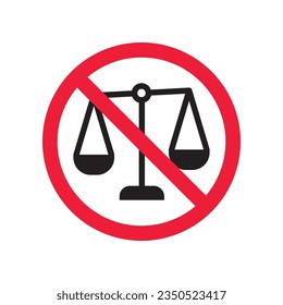 Forbidden balance vector icon. Warning, caution, attention, restriction, label, ban, danger. No balance flat sign design pictogram symbol. No judge law icon