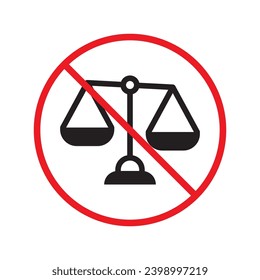 Verbotenes Gleichgewicht, Vektorsymbol. Warnung, Vorsicht, Aufmerksamkeit, Einschränkung, Kennzeichnung, Verbot, Gefahr. Kein Piktogramm-Design-Symbol für die Waage. Kein Richter-Gesetz-Symbol