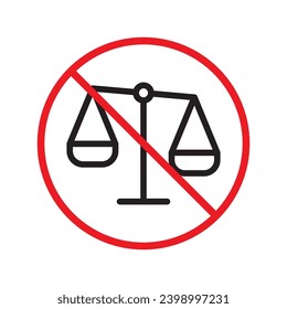 Forbidden balance vector icon. Warning, caution, attention, restriction, label, ban, danger. No balance flat sign design pictogram symbol. No judge law icon